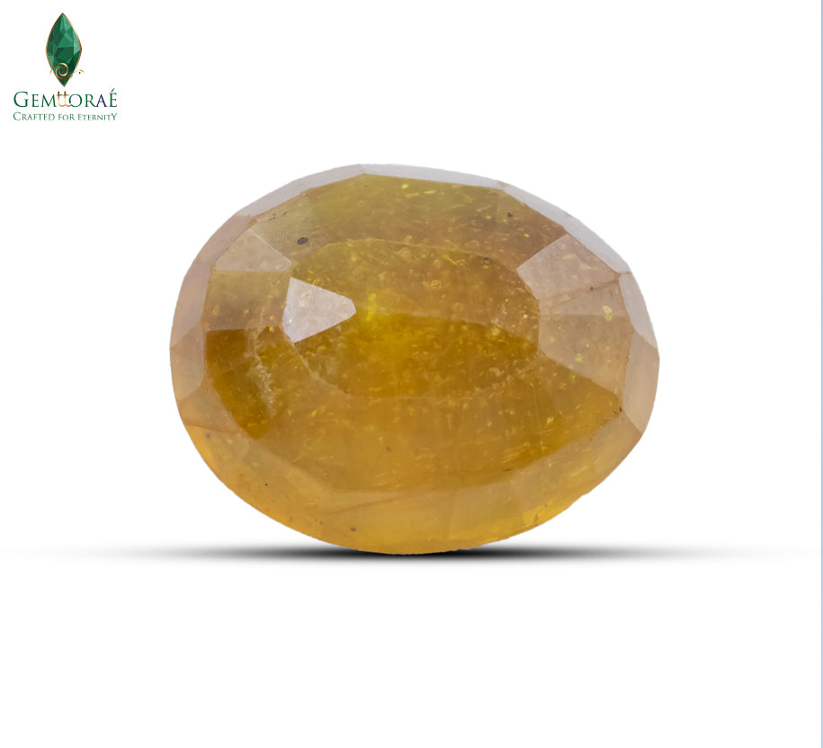 Close-up of a natural Pukhraj stone with glass filled clarity enhancement