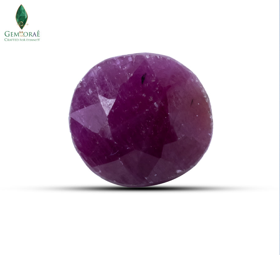 Front view of Ruby Gemstone featuring a natural deep red surface