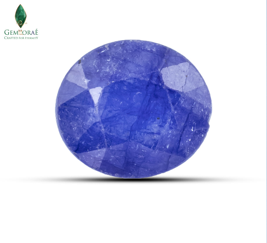 Front view of Thailand Blue Sapphire with deep blue polished facets